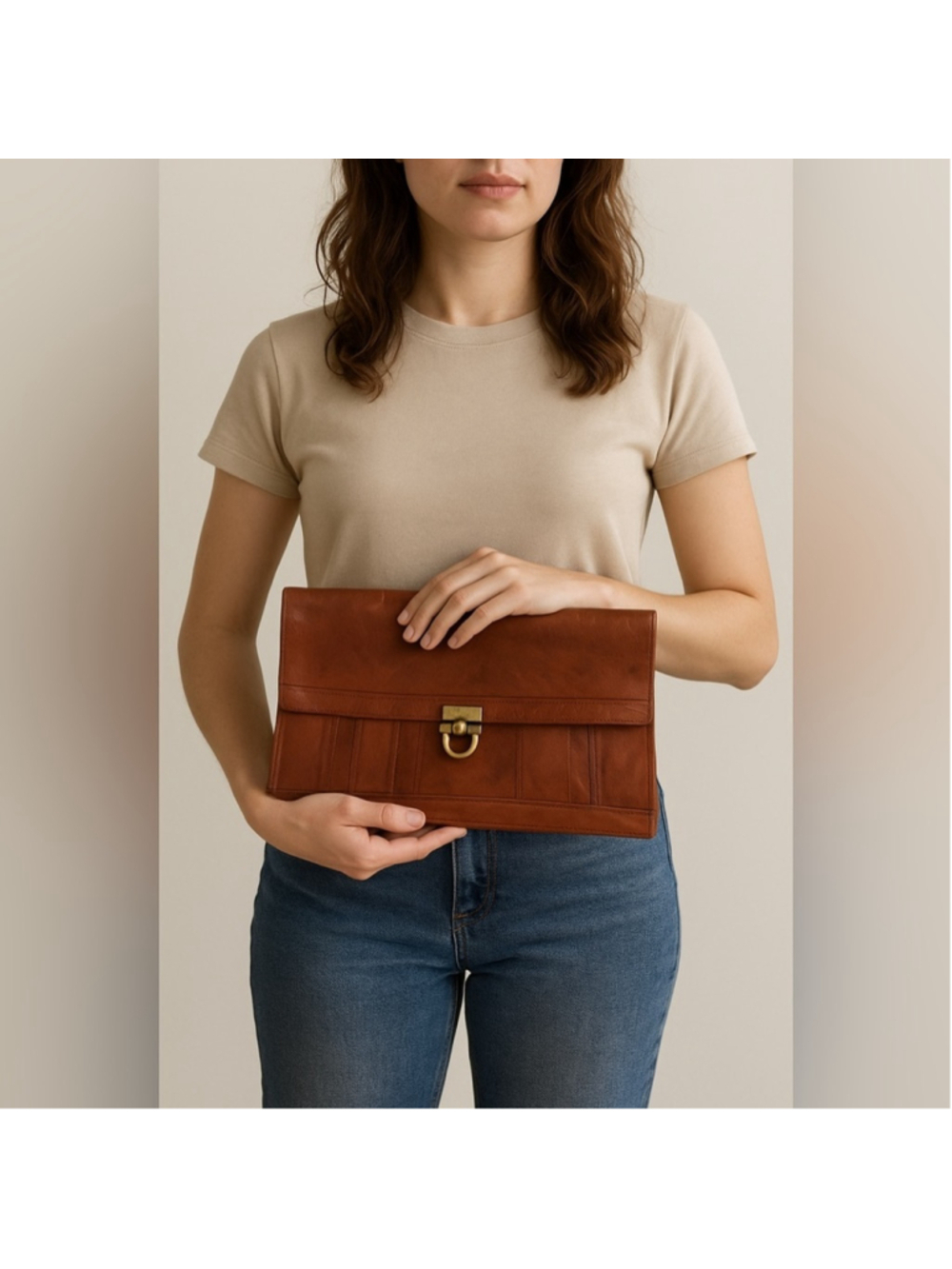 Vintage Leather Clutch Brown Brass Clasp Foldover Bag - Picture 3 of 16